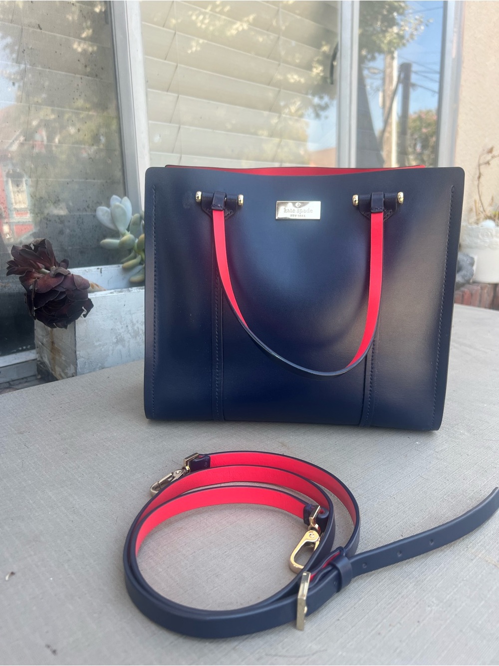 kate spade Navy tote with Pink handles and strap